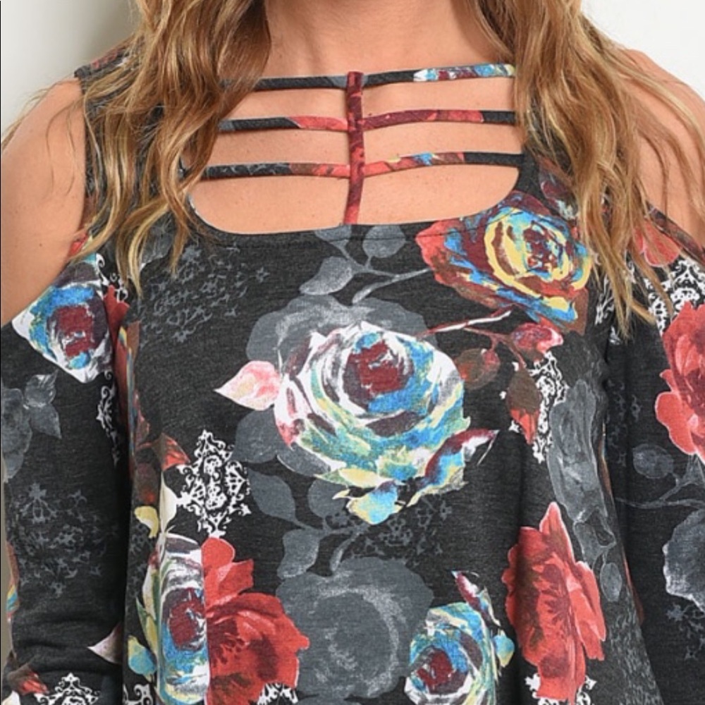 Charcoal Gray Cold Shoulder Floral Top - Picture 3 of 8